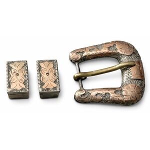 Vtg Sterling Silver 925 Ranger Belt Buckle Set Floral Engraved Mexico Western